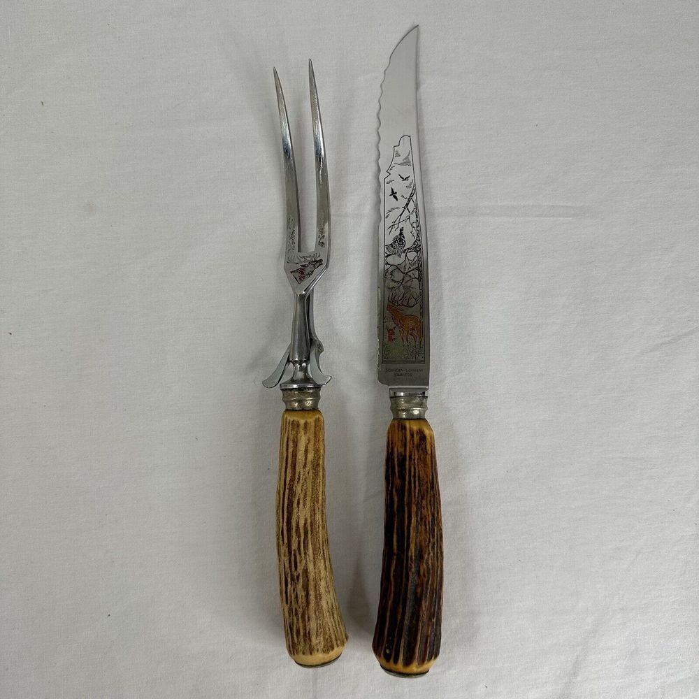Solingen Germany Stainless Stag Antler‎ Handle Etched Carving Knife Serving Fork
